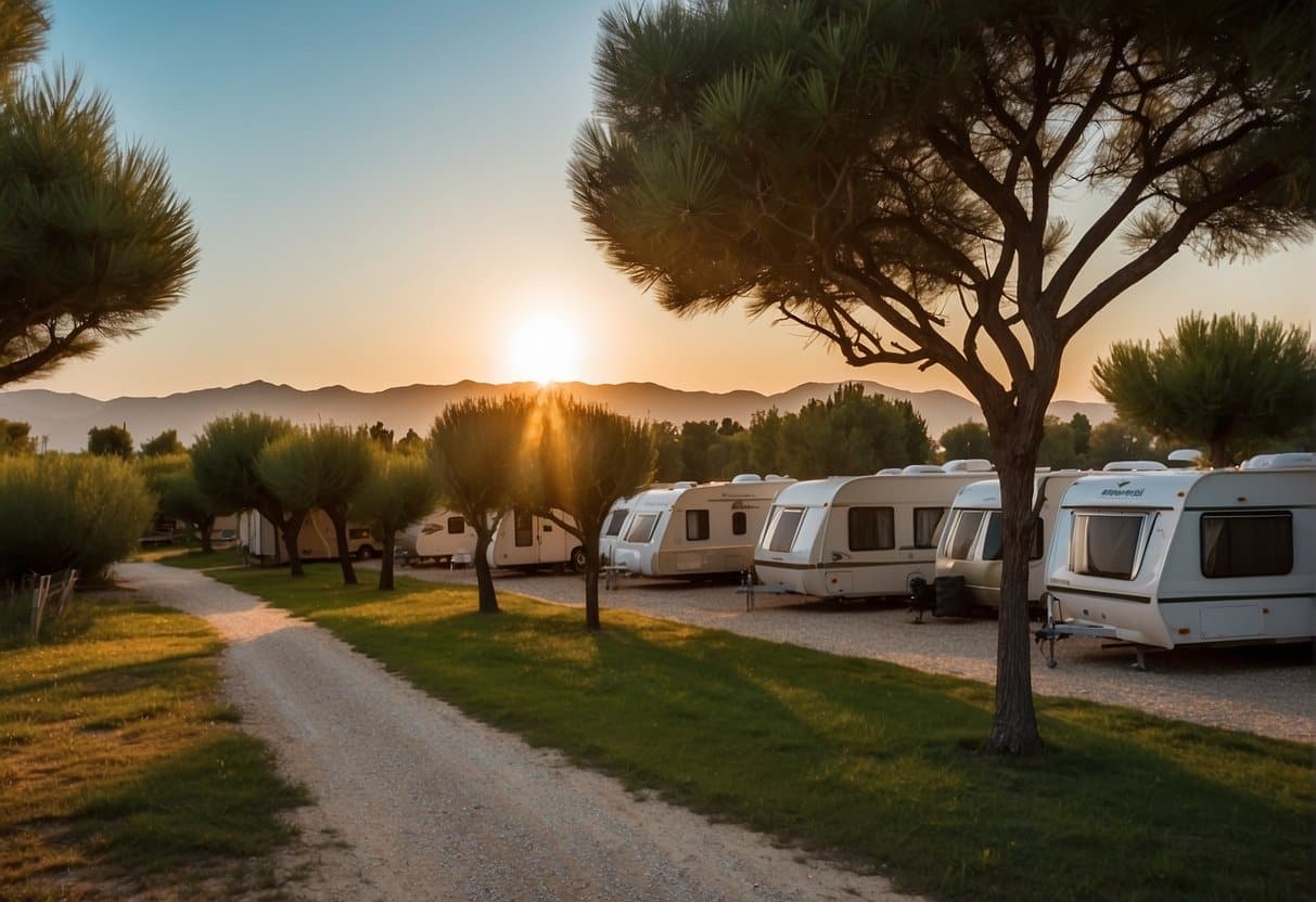 A serene campground with bungalows and maxicaravans nestled among lush greenery in Bibione. The sun sets behind the distant mountains, casting a warm glow over the tranquil scene