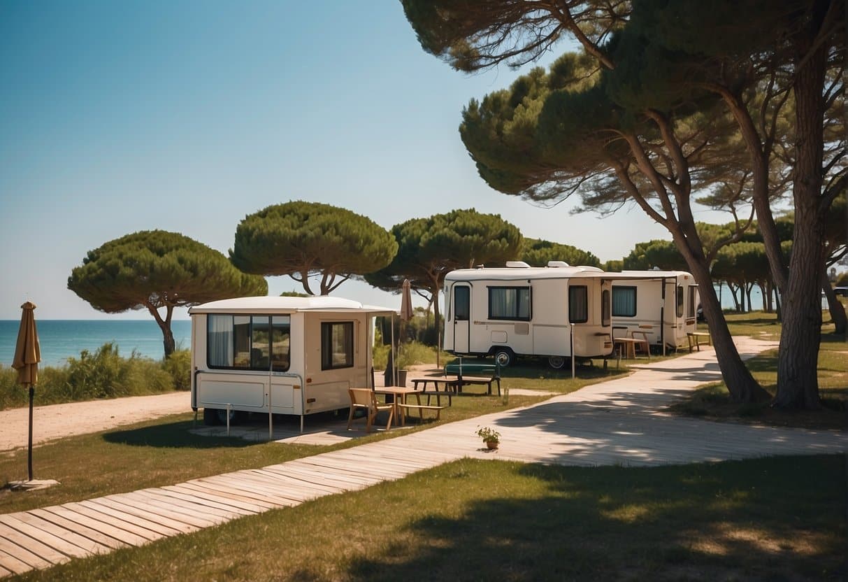 A serene beachfront campground in Bibione with bungalows and maxicaravans nestled among lush greenery and bordered by the sparkling waters of the Adriatic Sea