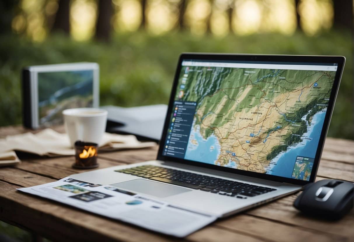 A map and brochures spread out on a table, with a laptop open to a camping website. A beach and forest in the background