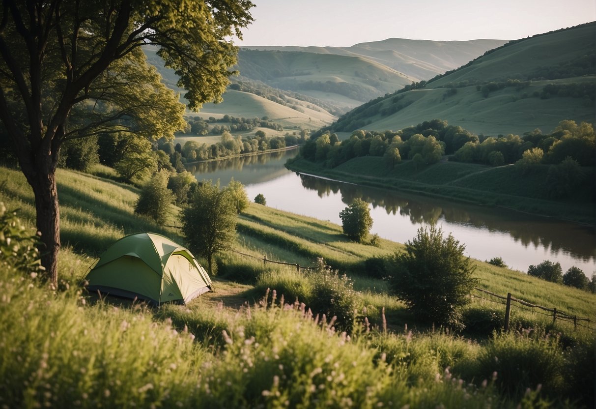 A serene landscape along the Moselle River with lush greenery, rolling hills, and a tranquil camping site nestled amongst the natural beauty