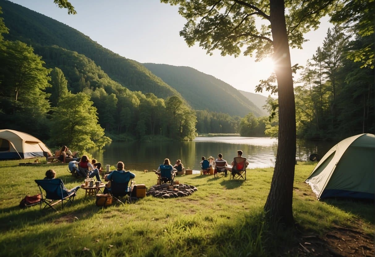 A serene river winds through lush green hills, with tents and campfires scattered along its banks. Canoes and kayaks glide on the water, while families gather around picnic tables enjoying the peaceful atmosphere