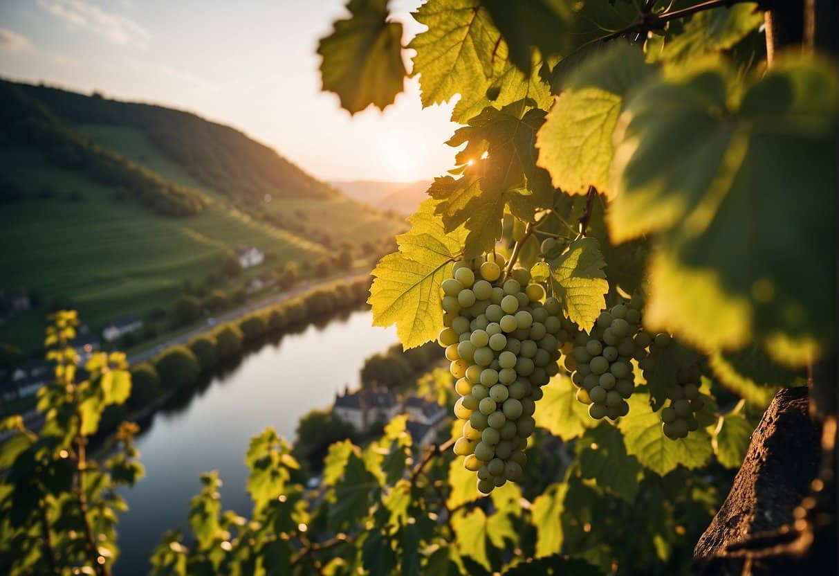 Lush green vineyards line the serene Moselle river, with charming campsites nestled among the rolling hills. The sun sets behind ancient castles perched on the riverbanks