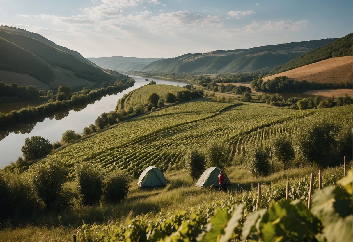 Lush green vineyards line the banks of the Moselle River, with cozy tents and campfires dotting the landscape. Canoes glide along the calm waters as hikers explore the nearby trails