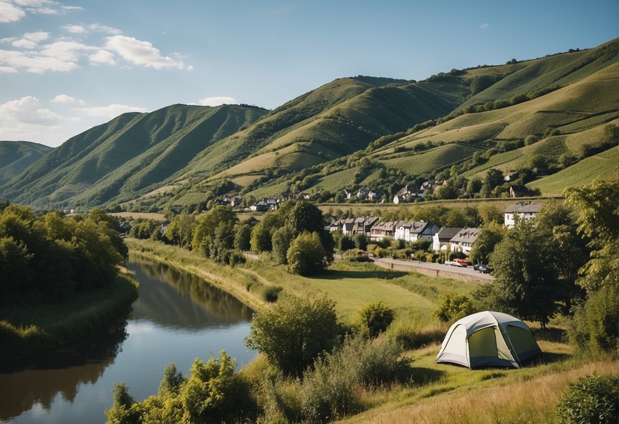 A serene campsite nestled along the tranquil banks of the Mosel River, surrounded by lush greenery and stunning views of the picturesque landscape