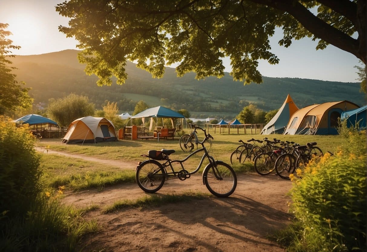 A serene campsite by the Moselle river with playgrounds, picnic areas, and bike rentals. The sun sets behind rolling hills
