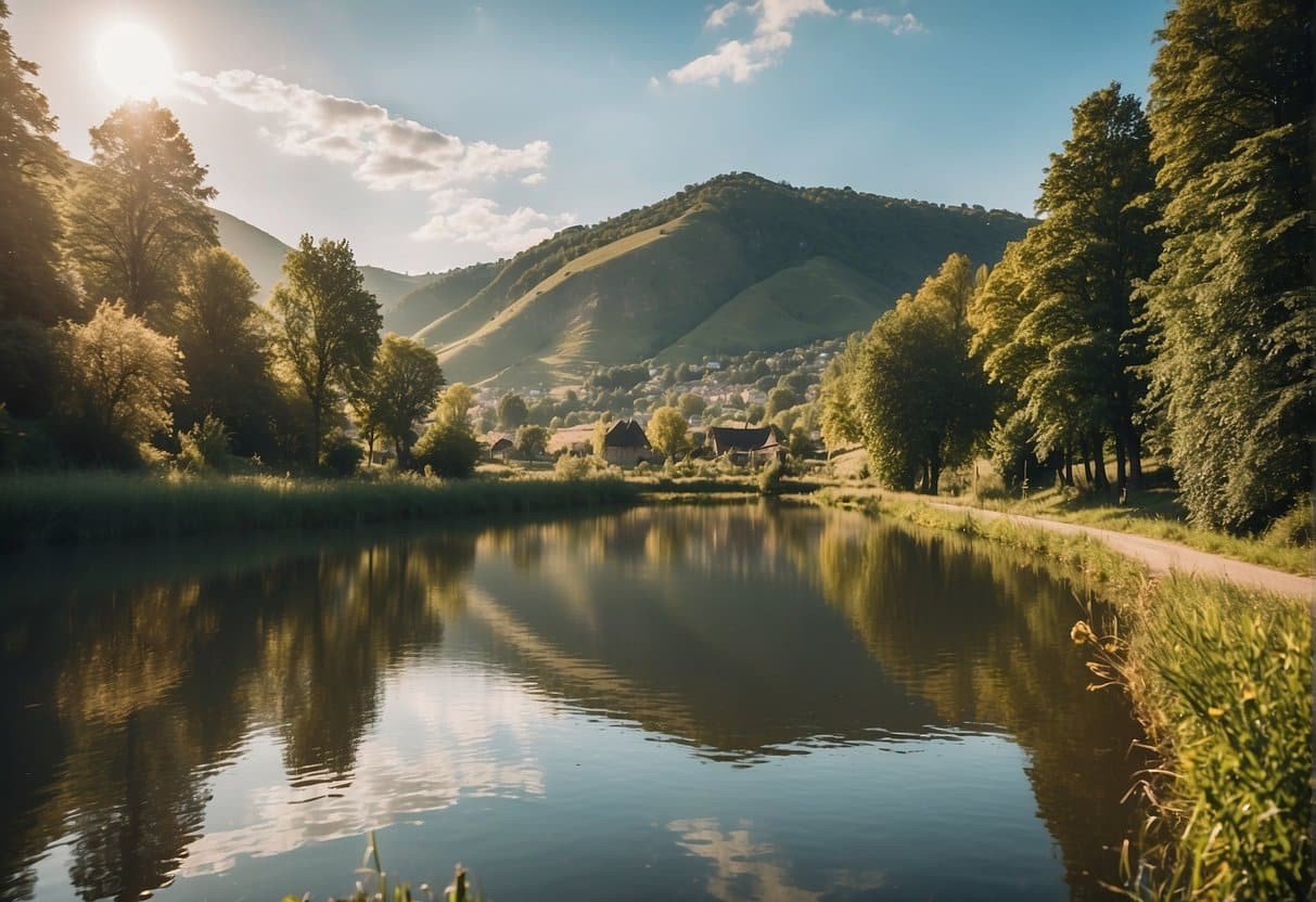A serene riverside scene with 12 popular campsites nestled along the banks of the Moselle River, surrounded by lush greenery and rolling hills