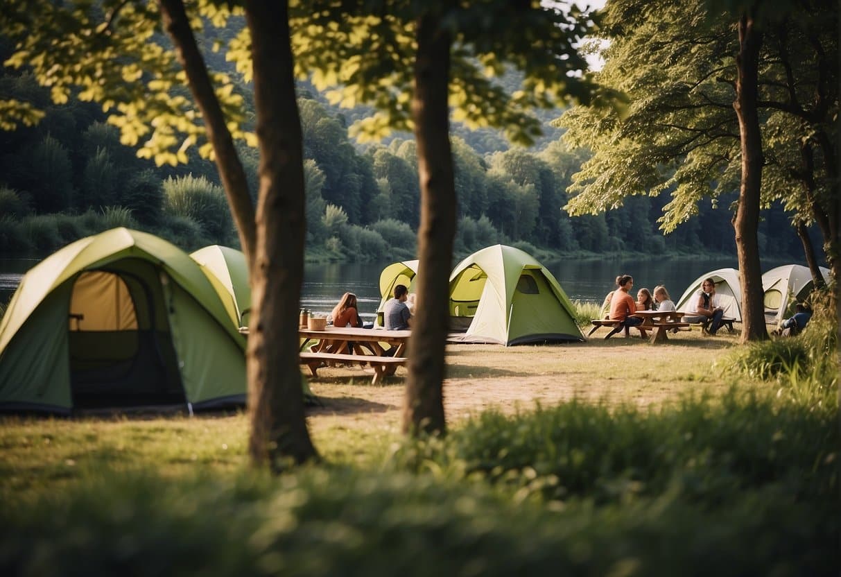 A serene riverside campsite with lush greenery, cozy tents, and families enjoying outdoor activities along the Mosel river