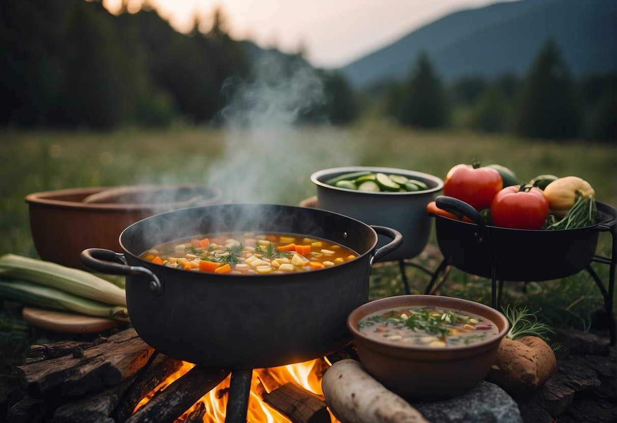 A campfire with a pot of soup simmering, surrounded by fresh vegetables and herbs, with a cozy camping setup in the background