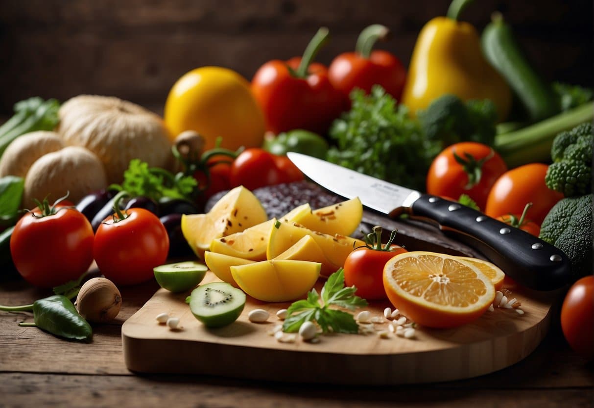 Fresh ingredients arranged on a wooden cutting board with a knife, surrounded by spring fruits and vegetables