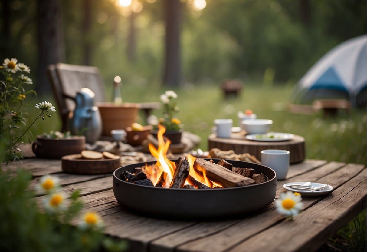 A cozy campsite with a small fire pit surrounded by blooming wildflowers and a picnic table set with fresh, light spring dishes