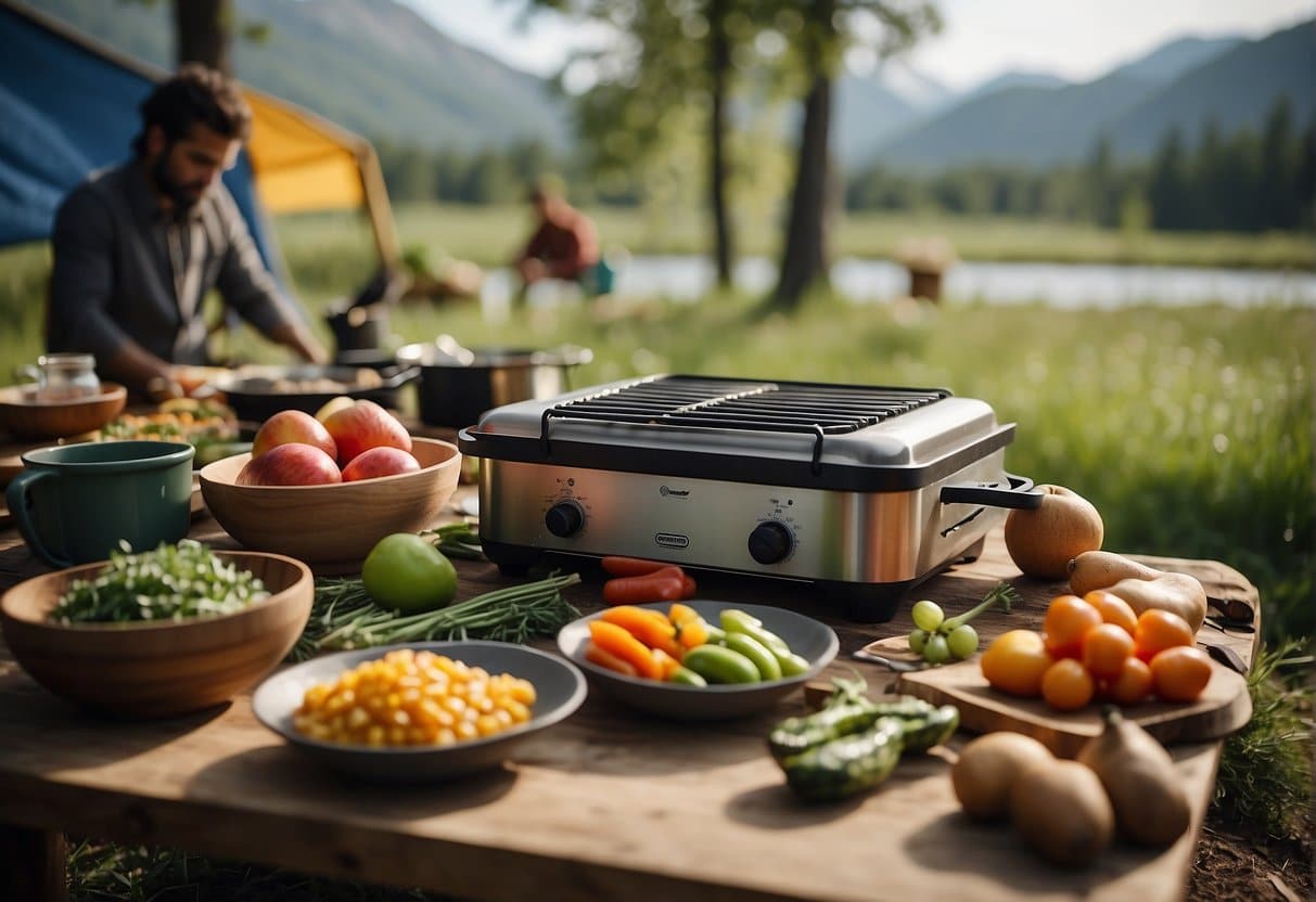A camping scene with fresh, local produce and sustainable cooking equipment. Bright spring colors and light, healthy meals being prepared outdoors