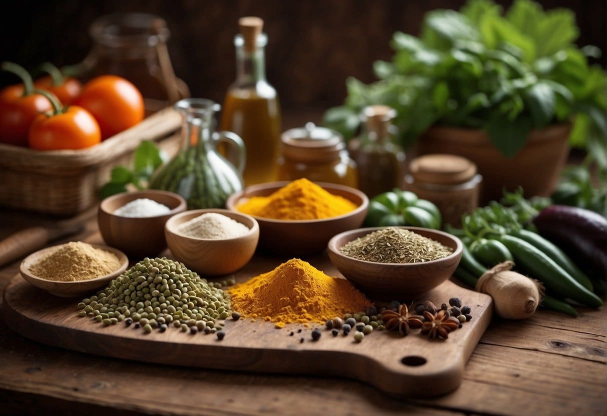 Various spices and herbs scattered on a rustic wooden table, alongside fresh spring produce and cooking utensils. The air is filled with the aroma of delicious flavors waiting to be combined in a camper's kitchen