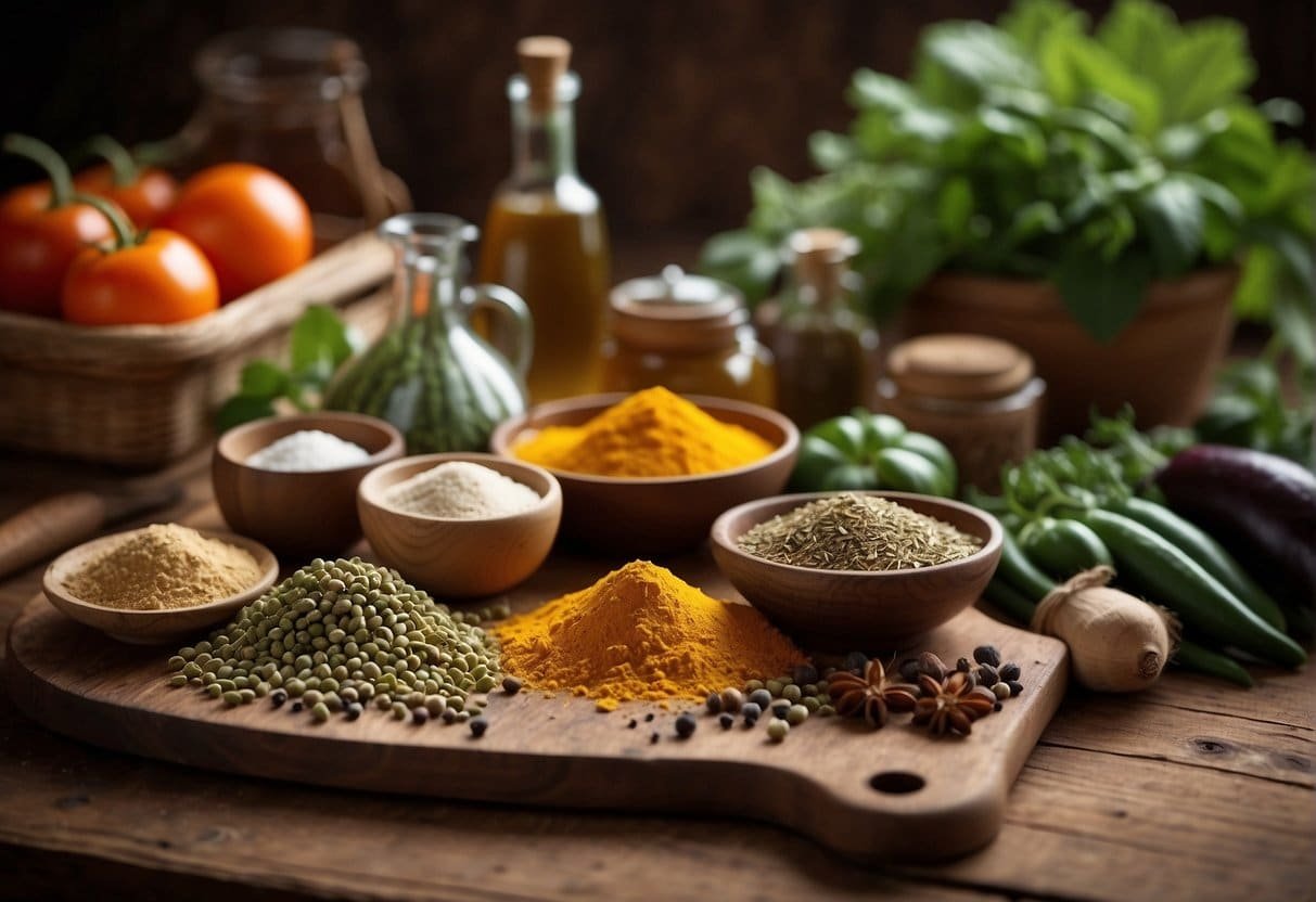 Leicht & lecker: Frühlingsrezepte für Camper - Die besten Rezeptideen für die Camping-Saison 5 Various spices and herbs scattered on a rustic wooden table, alongside fresh spring produce and cooking utensils. The air is filled with the aroma of delicious flavors waiting to be combined in a camper's kitchen