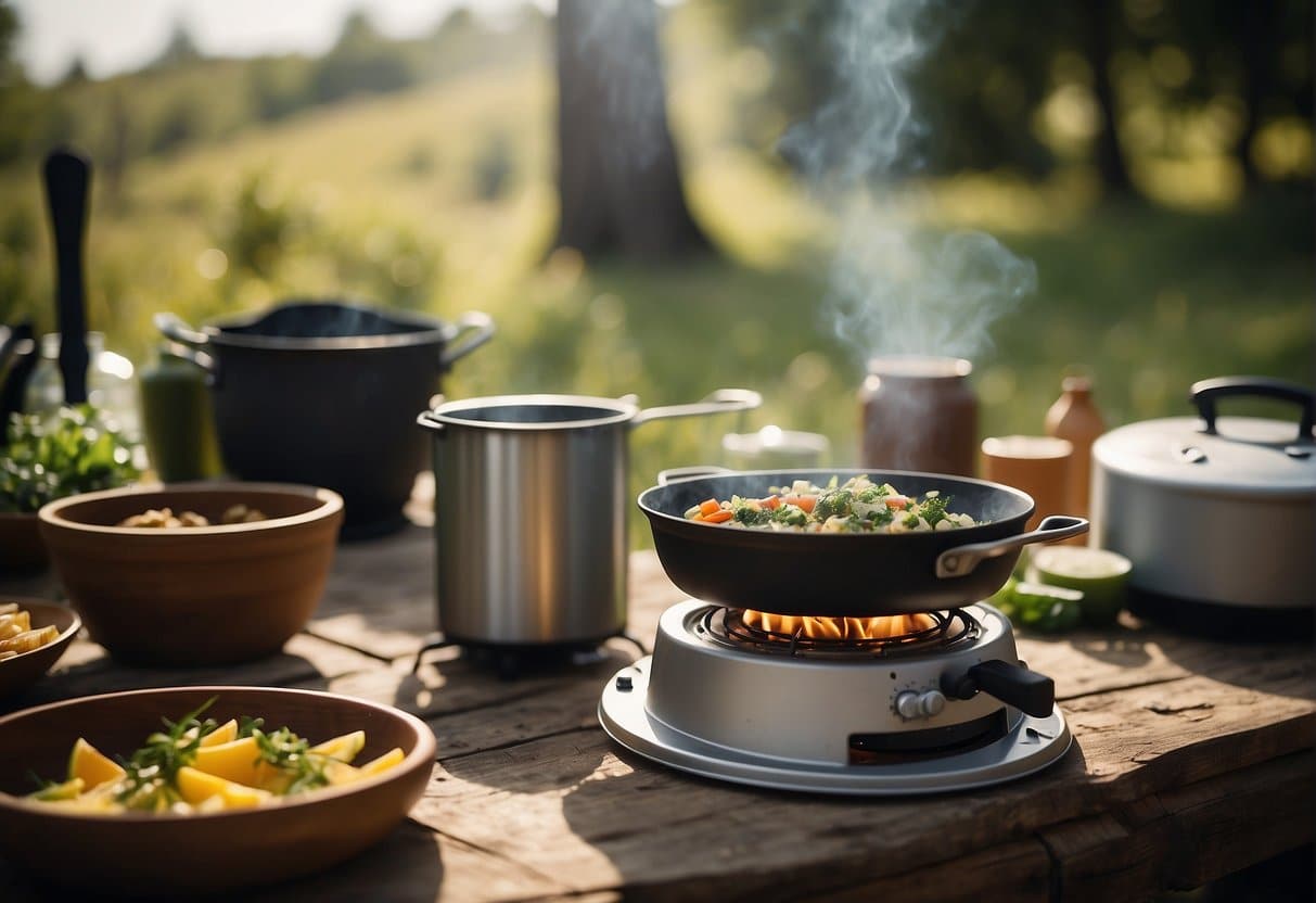 A campsite with a portable stove, fresh ingredients, and cooking utensils set up outdoors in a natural, sunny setting
