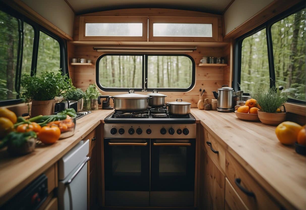 A picnic table with a colorful spread of allergy-friendly spring dishes, surrounded by a lush camping site with trees and a clear blue sky