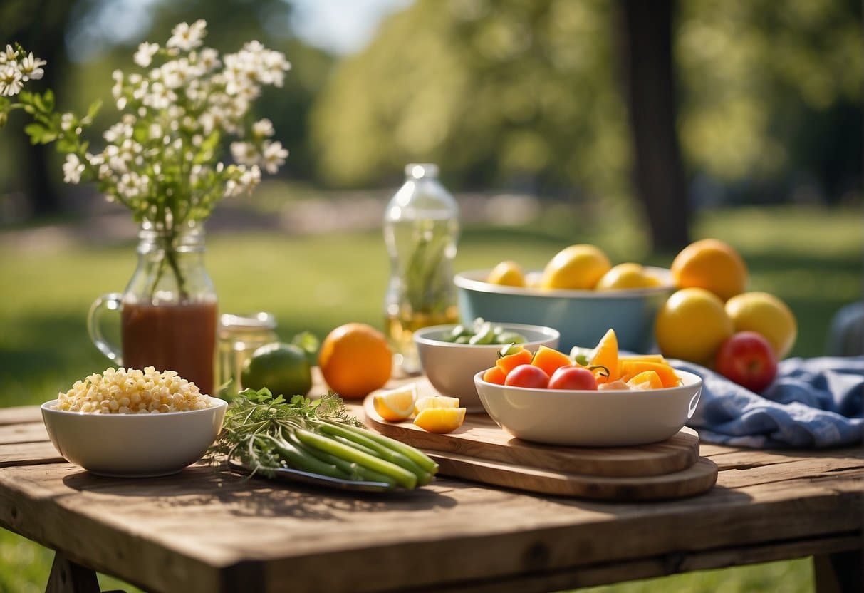 A picnic table set with fresh spring ingredients and camping gear under a sunny sky