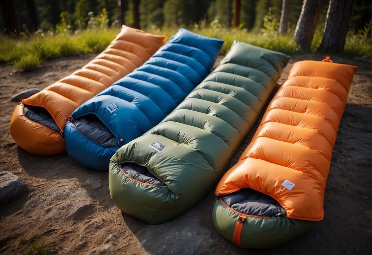 A group of synthetic sleeping bags, with various shapes and designs, displayed in an outdoor setting, suitable for outdoor activities
