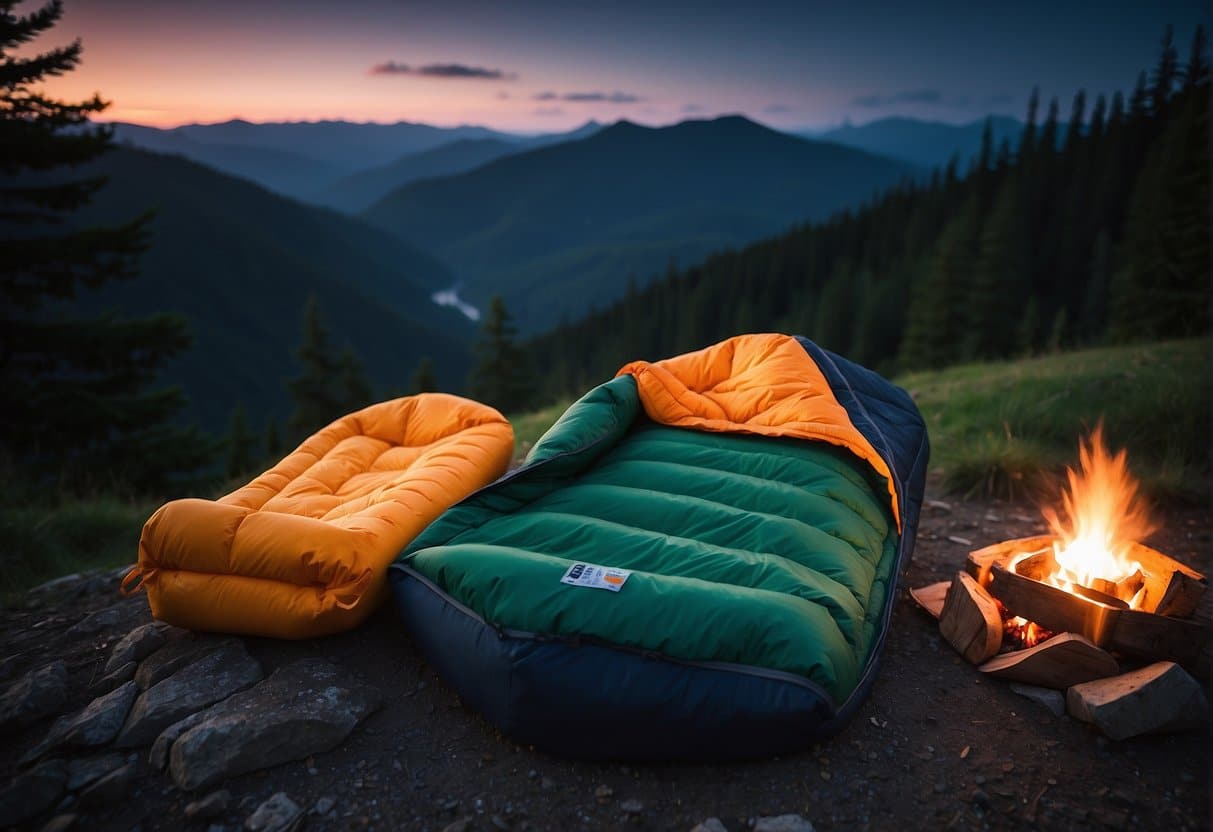 Kunstfaser sleeping bags: Perfect for outdoor activities. Show a campsite with sleeping bags under a starry sky and a glowing campfire