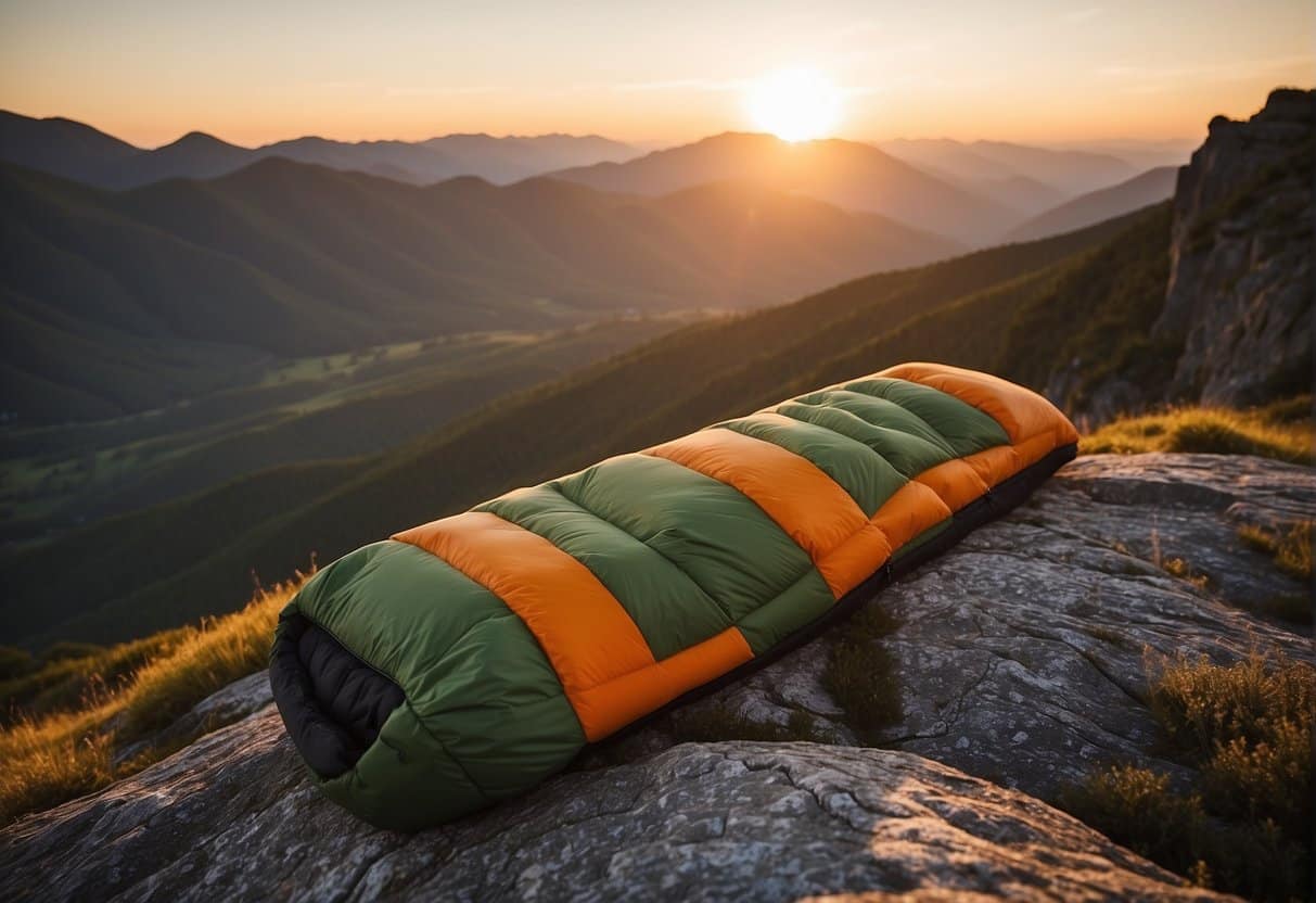 A bright, lightweight synthetic sleeping bag sits atop a rugged mountain peak, ready for any adventure. The sun sets behind the horizon, casting warm hues across the landscape