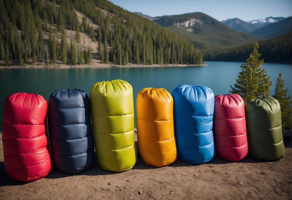 A colorful array of synthetic sleeping bags, set against a backdrop of diverse outdoor landscapes, showcasing their versatility for any adventure