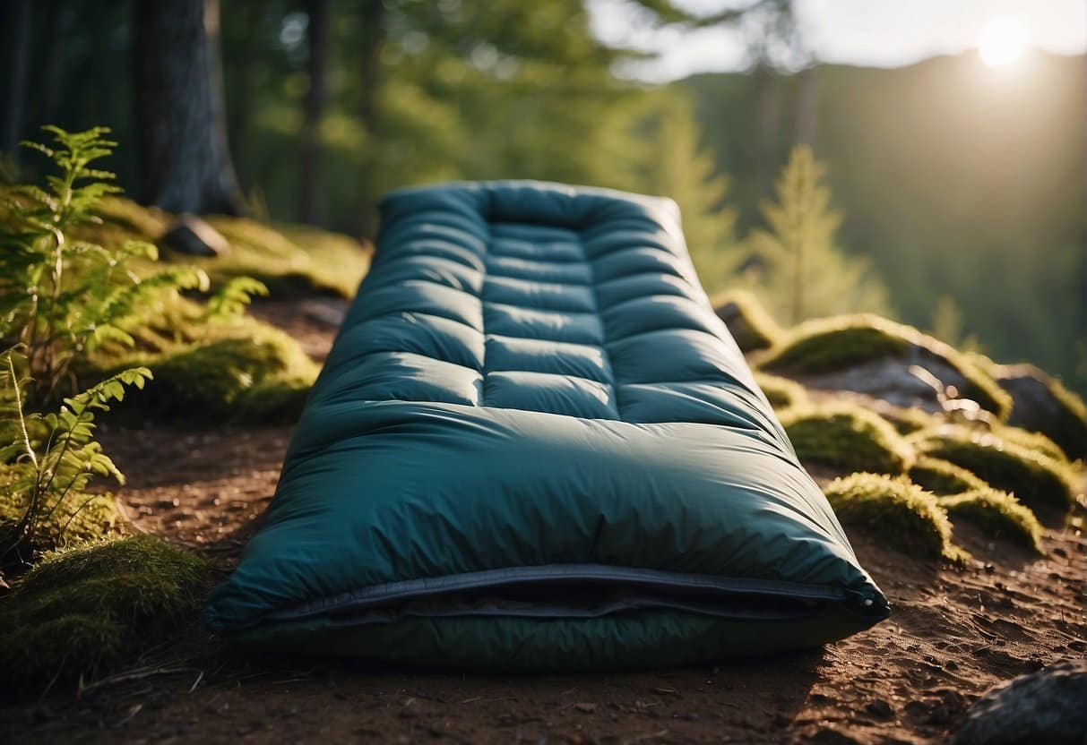 A durable synthetic sleeping bag in a natural outdoor setting, portraying sustainability and environmental consciousness