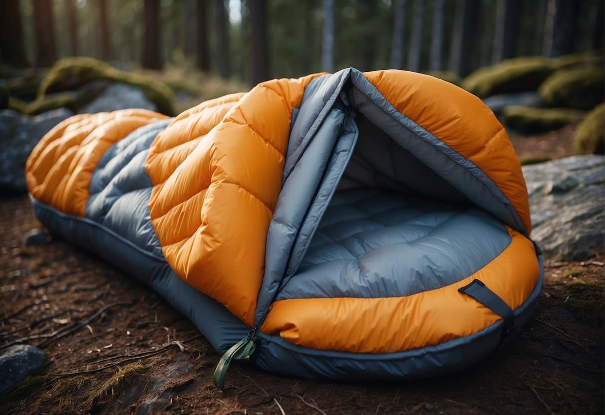 A high-tech synthetic sleeping bag surrounded by outdoor gear, ready for any adventure