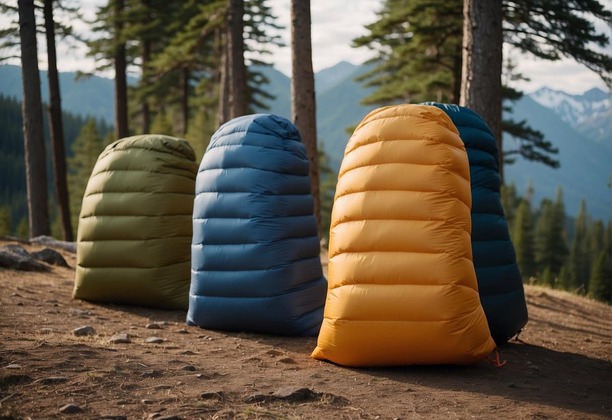 A variety of sleeping bag shapes and designs displayed in a natural outdoor setting, with mountains and trees in the background