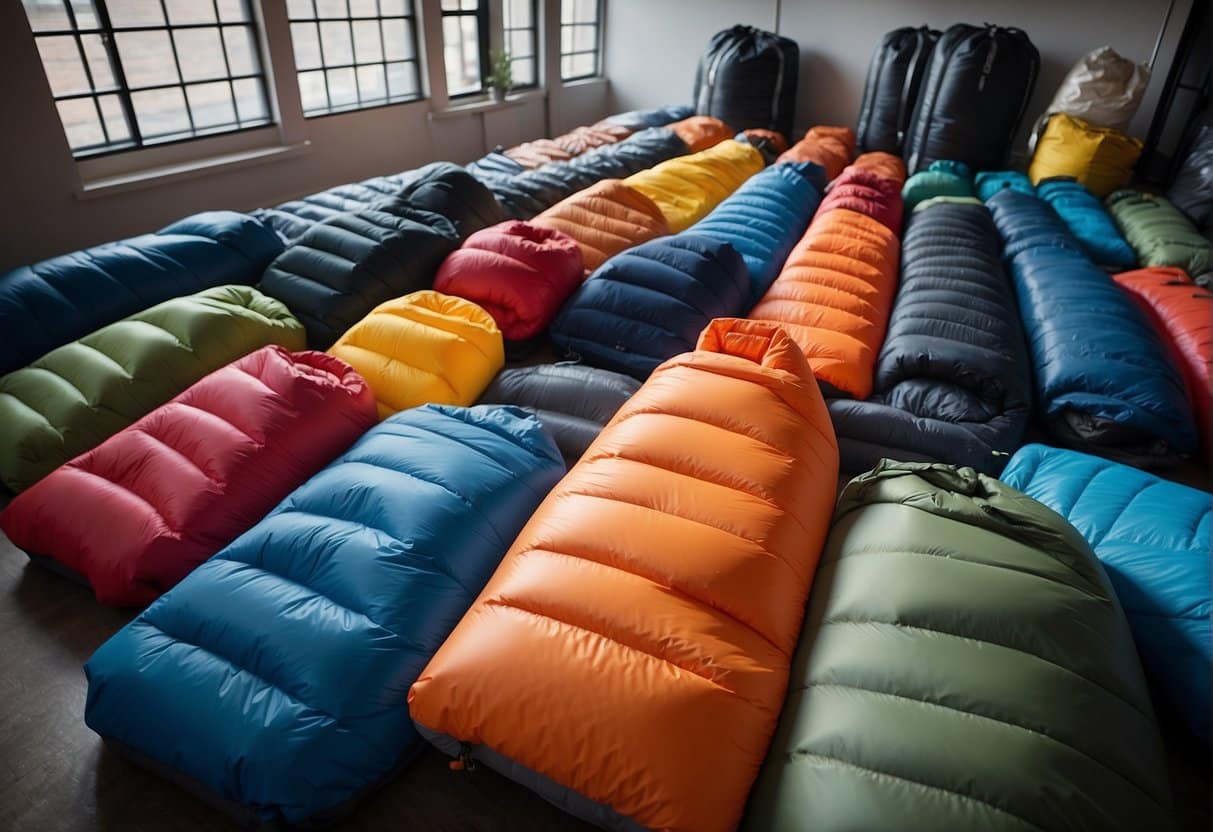 A colorful display of various synthetic sleeping bags from different brands, with tags indicating their ideal use for different adventures