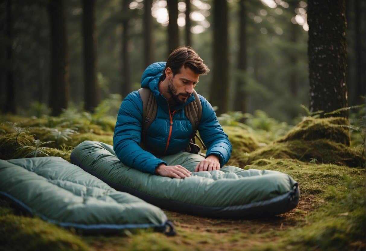 A person finding a suitable synthetic sleeping bag for various camping conditions