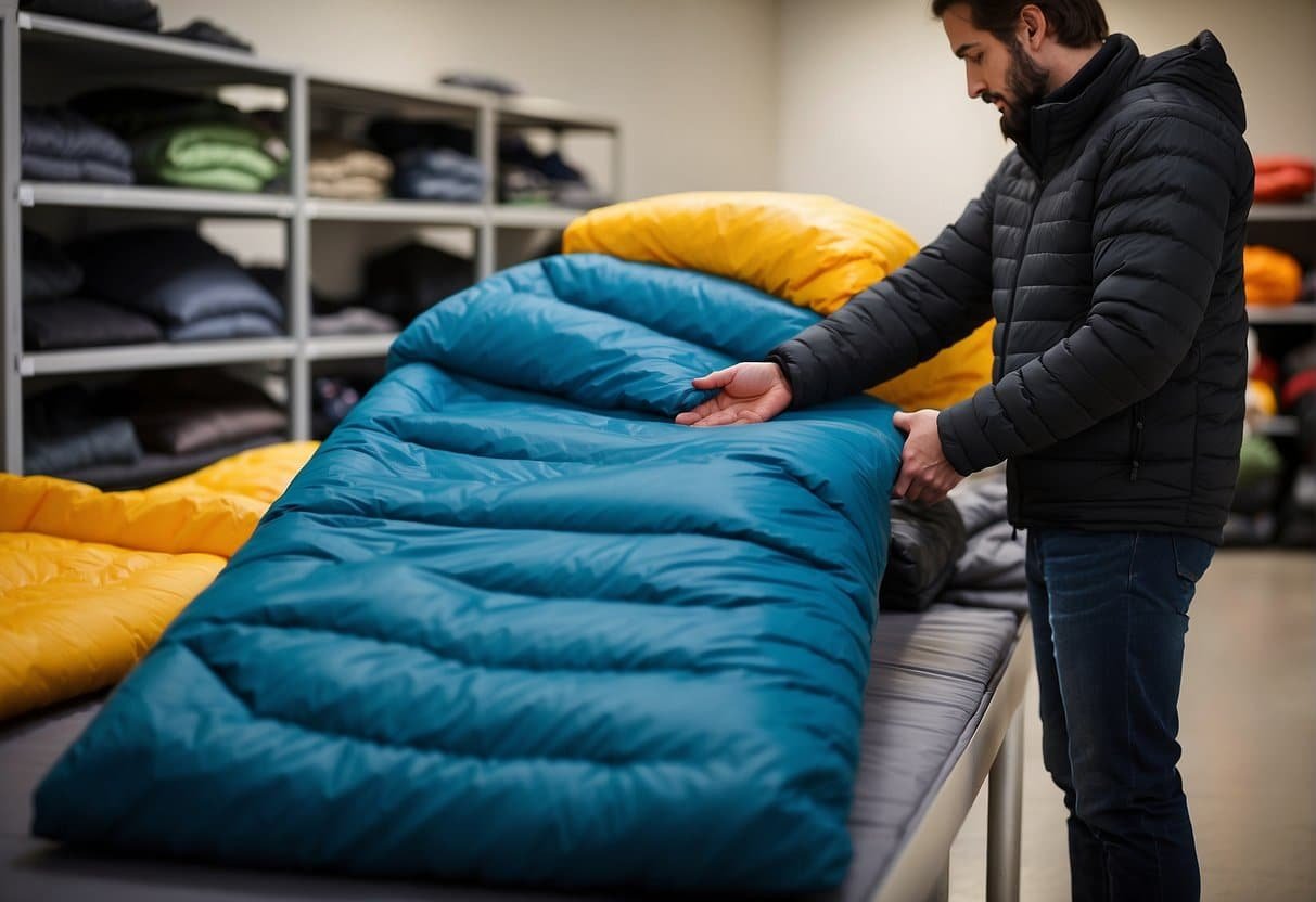 A person comparing different sleeping bags for camping in various conditions, with a guidebook and camping gear spread out on a table