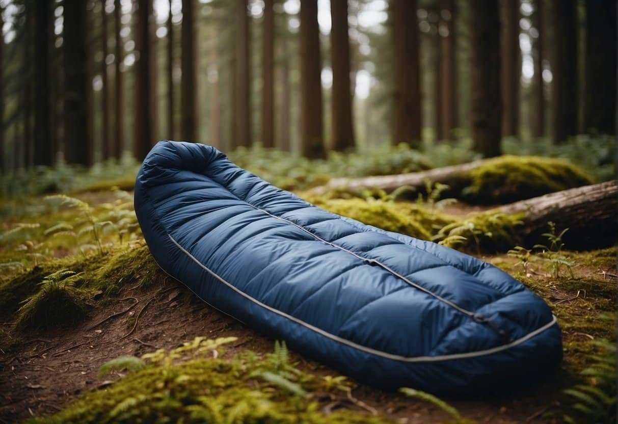 A compact synthetic sleeping bag being selected for various camping conditions