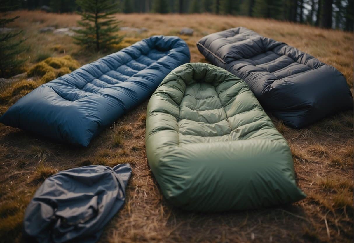 A variety of camping conditions, from cold to warm, are depicted with different types of synthetic sleeping bags in a detailed guide