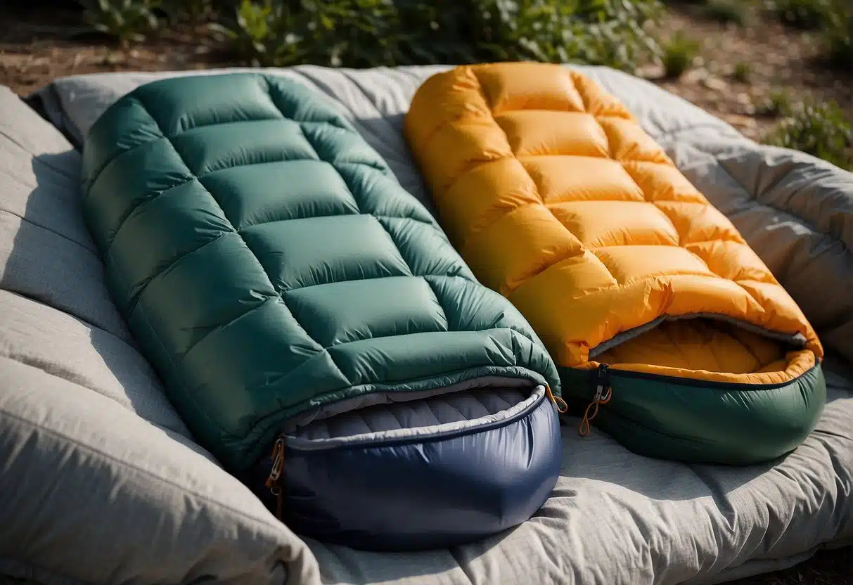 Das Duell der Schlafsäcke: Kunstfaser gegen Daune im direkten Vergleich 1 Two sleeping bags, one filled with synthetic material and the other with down, placed side by side for comparison