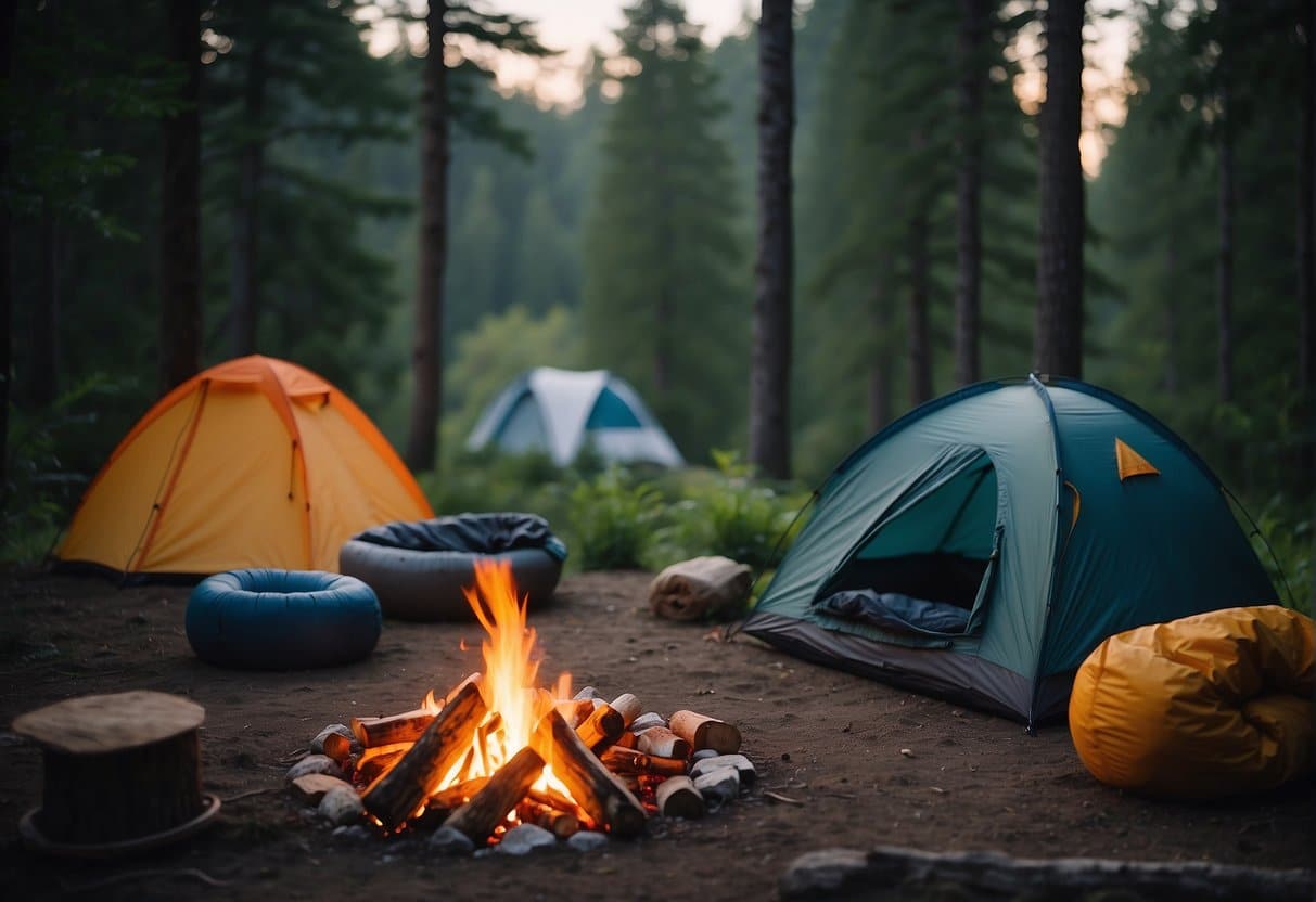 A camping scene with a choice between synthetic or down sleeping bags, set against a backdrop of nature and a campfire