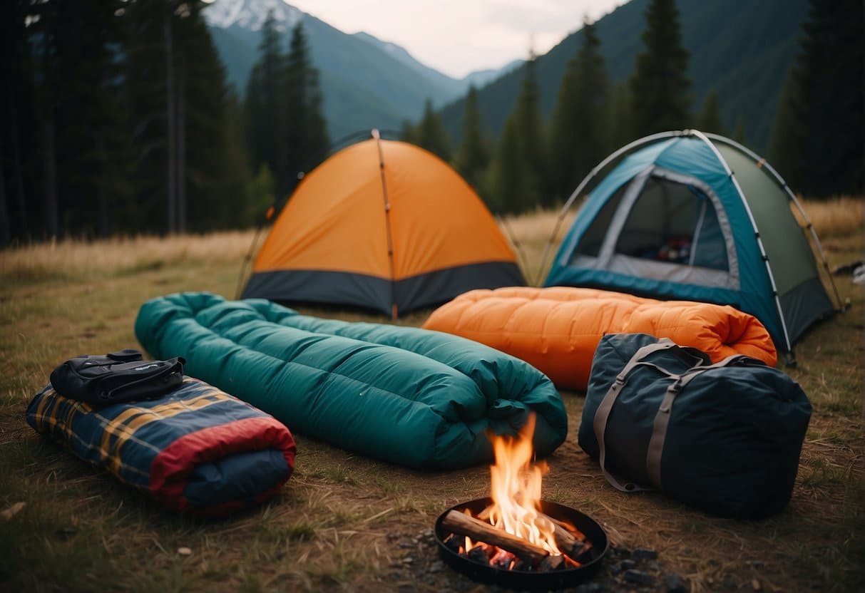 A camping scene with two sleeping bags, one made of synthetic material and the other of down, surrounded by outdoor gear and a campfire