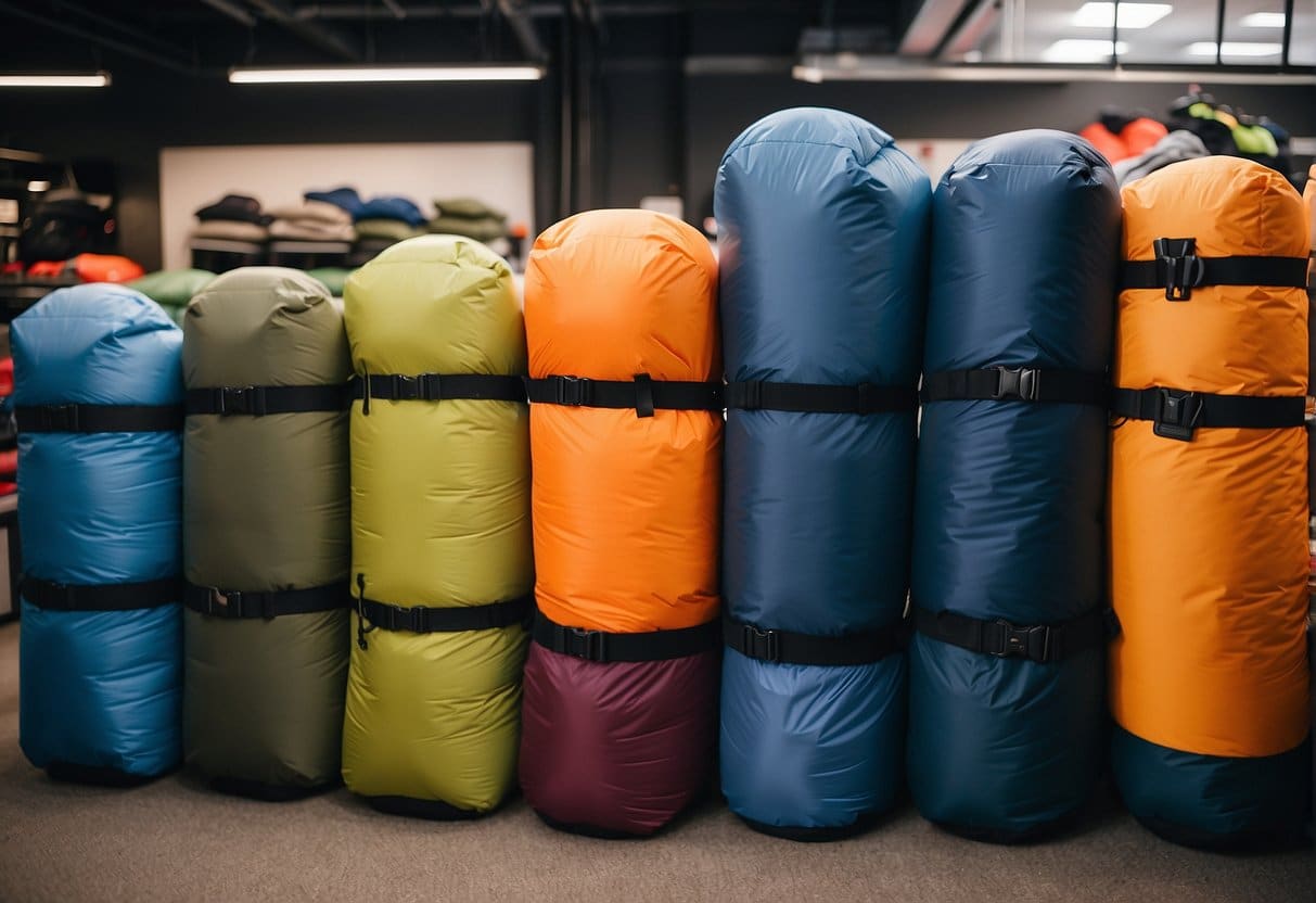 A variety of sleeping bags, some filled with synthetic material and others with down, displayed in a camping gear shop