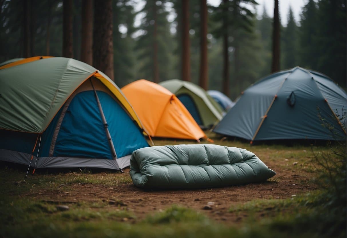 A camping scene with a choice of synthetic or down sleeping bags for temperature management