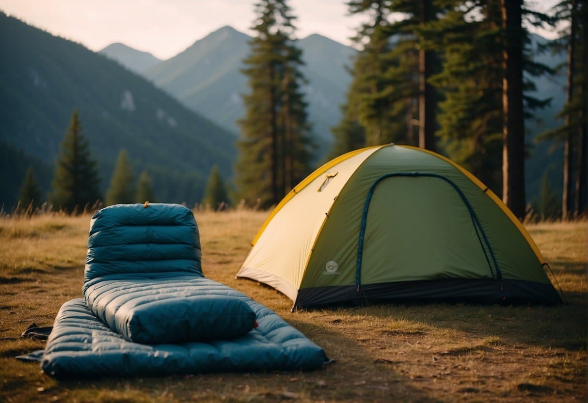 A camping scene with a choice between a synthetic or down sleeping bag for specific camping styles