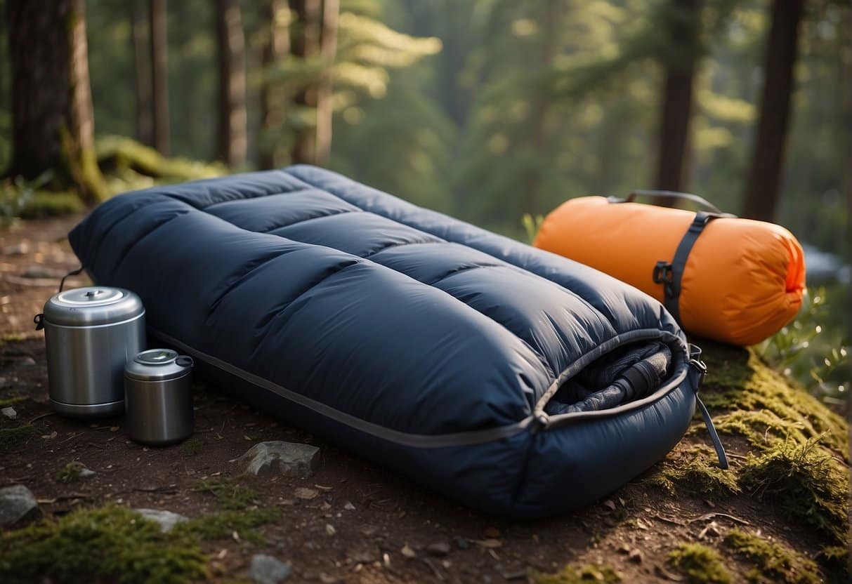 A compact sleeping bag and camping gear set against a natural backdrop, with options for both synthetic and down insulation