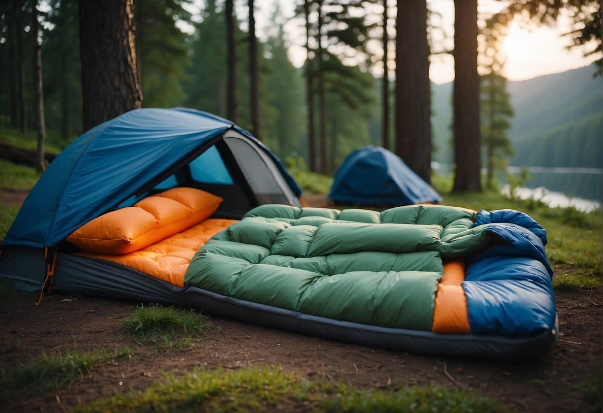 A journey through time: Illustrate a scene of synthetic sleeping bags revolutionizing the camping world