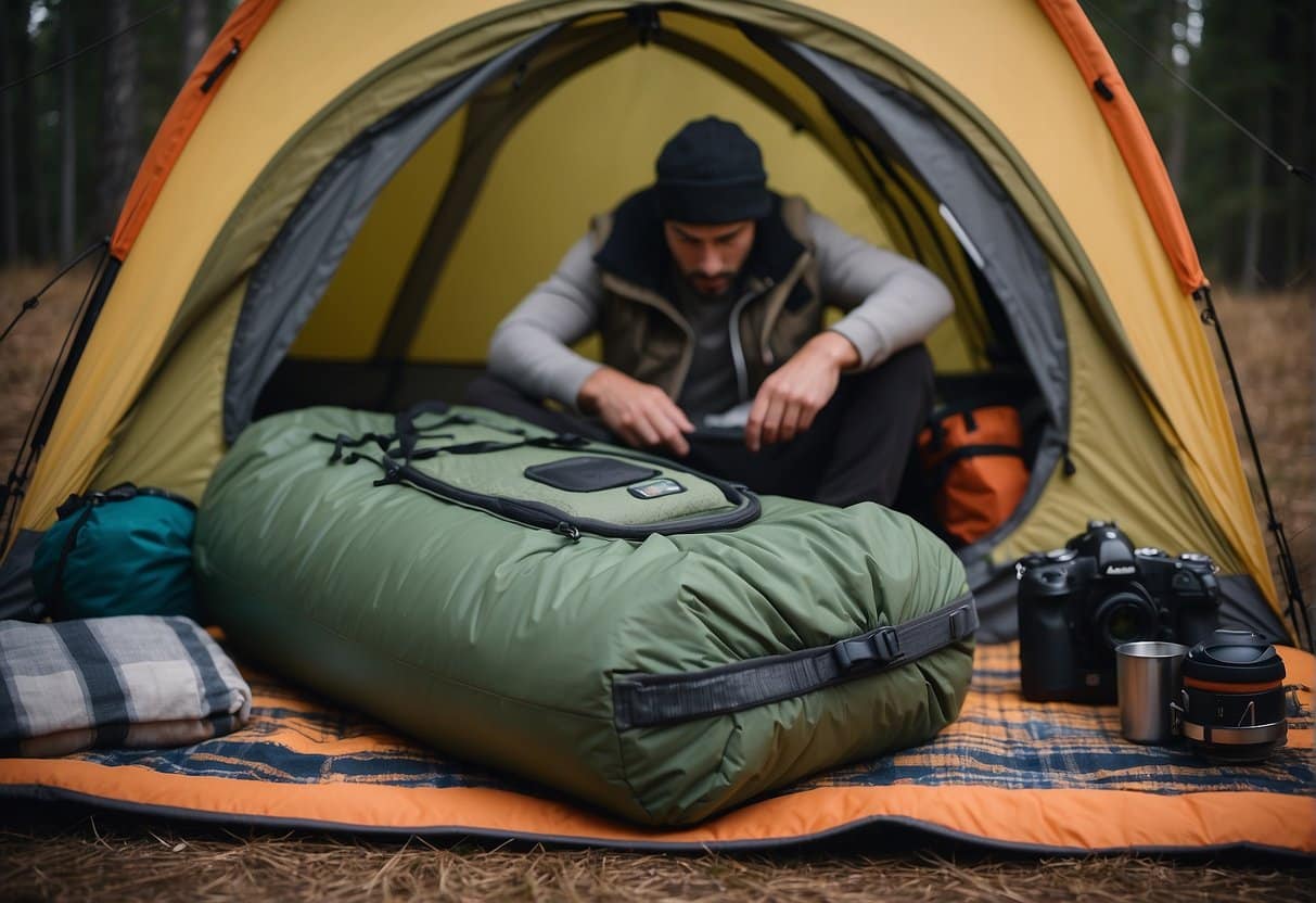 A camper packing a modern sleeping bag, surrounded by vintage camping gear, with a timeline of camping history in the background
