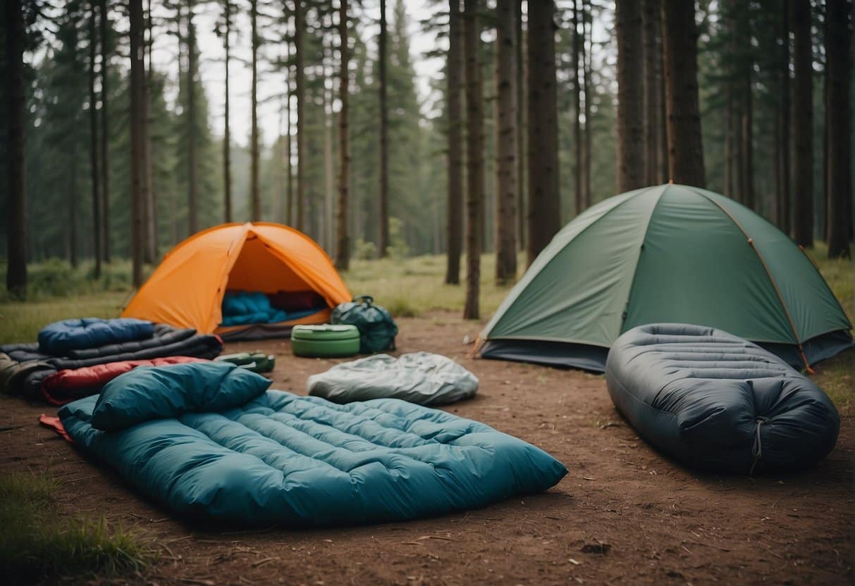 A campsite with modern synthetic sleeping bags, surrounded by vintage camping gear. The evolution of camping culture and the impact of synthetic sleeping bags on outdoor adventures