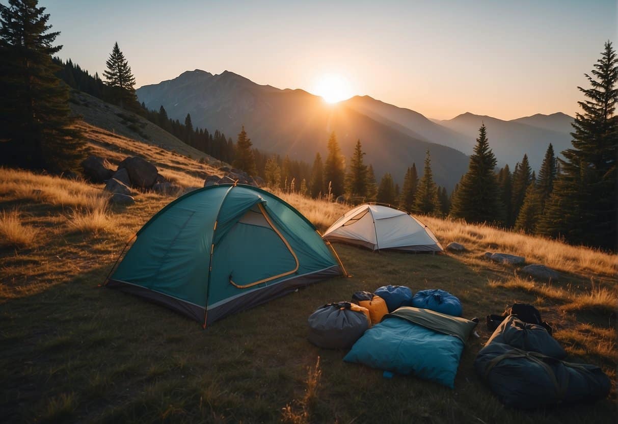A campsite with modern tents and sleeping bags, surrounded by vintage camping gear. The sun sets behind a mountain, casting a warm glow over the scene