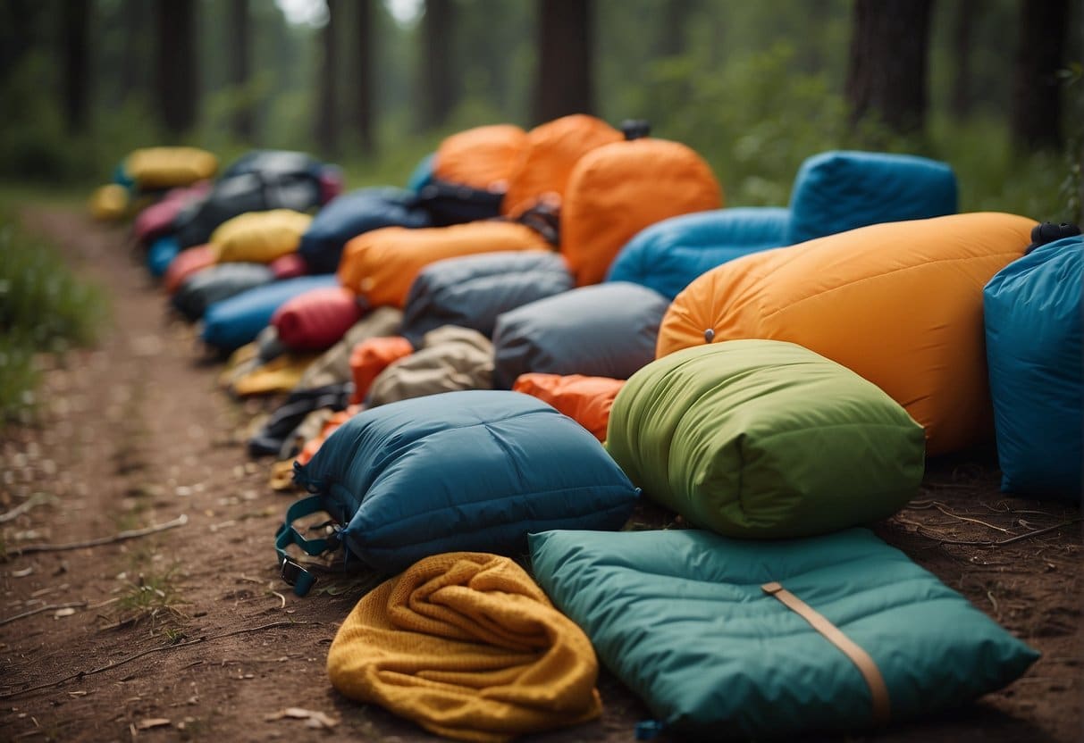 A campsite with modern synthetic sleeping bags, surrounded by wet and stormy weather