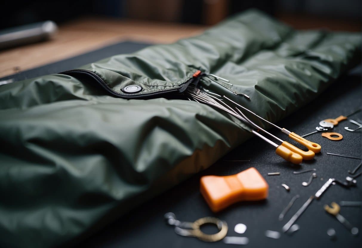 A torn synthetic sleeping bag is being repaired with a needle and thread, with patches and glue nearby. The bag is laid out on a flat surface, with tools and materials ready for use