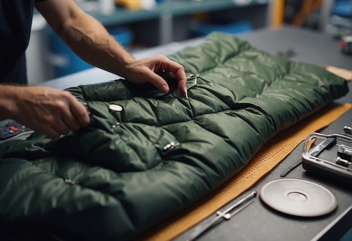 A torn synthetic sleeping bag is being repaired with a sewing kit and patches, with a focus on the hands-on process of fixing the damage