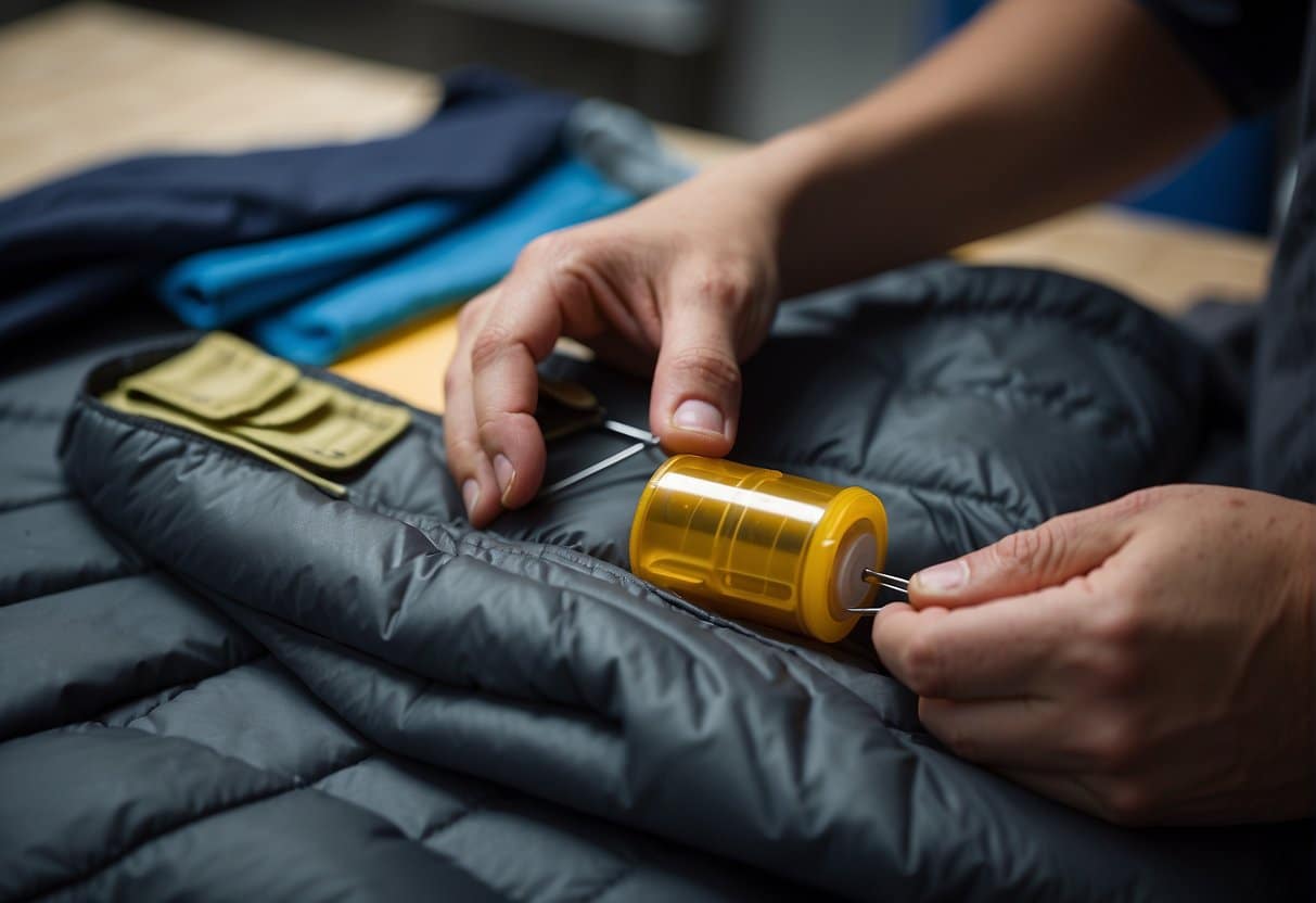A person repairing a synthetic sleeping bag with sewing kit and patch material, demonstrating care and maintenance
