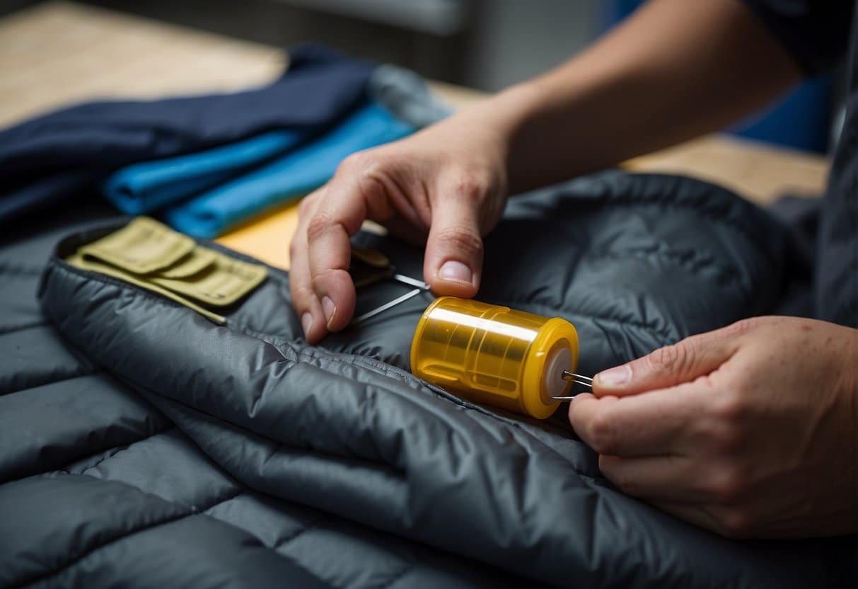 DIY-Reparaturtipps für Ihren Kunstfaserschlafsack: Nie wieder wegschmeißen! 4 A person repairing a synthetic sleeping bag with sewing kit and patch material, demonstrating care and maintenance