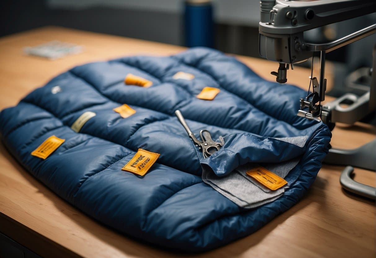 A torn synthetic sleeping bag is being repaired with a sewing kit and adhesive patches on a flat surface. The process shows step-by-step instructions for fixing the damage
