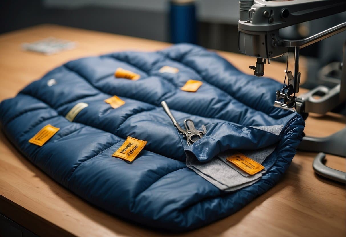 DIY-Reparaturtipps für Ihren Kunstfaserschlafsack: Nie wieder wegschmeißen! 5 A torn synthetic sleeping bag is being repaired with a sewing kit and adhesive patches on a flat surface. The process shows step-by-step instructions for fixing the damage